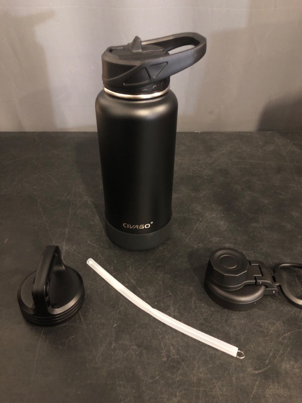 Photo 1 of CIVAGO 32 oz Insulated Water Bottle With Straw, Stainless Steel Sports Water Cup Flask with 3 Lids (Straw, Spout and Handle Lid), Wide Mouth Travel Thermal Mug, Black