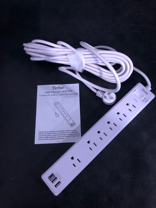Photo 1 of 6 Ft Power Strip Surge Protector - Yintar Extension Cord with 6 AC Outlets and 3 USB Ports for Home, Office, Dorm Essentials, 1680 Joules, ETL Listed, White