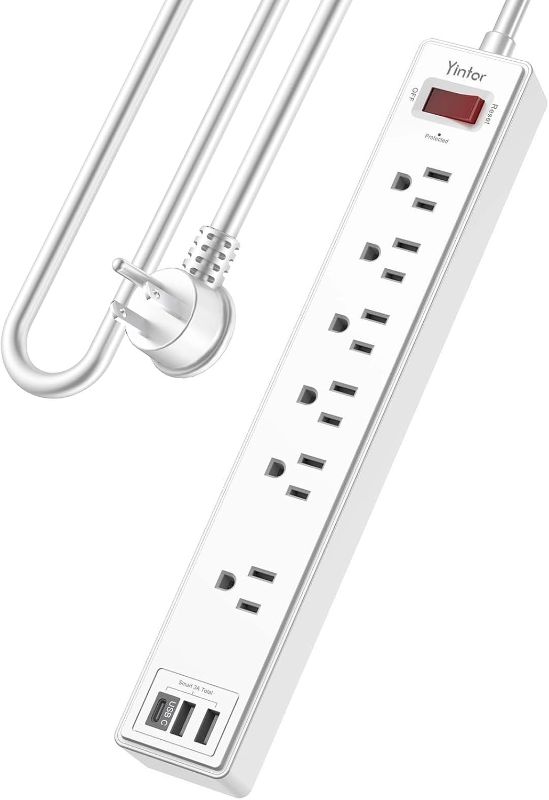 Photo 1 of 6 Ft Power Strip Surge Protector - Yintar Extension Cord with 6 AC Outlets and 3 USB Ports for Home, Office, Dorm Essentials, 1680 Joules, ETL Listed, White
