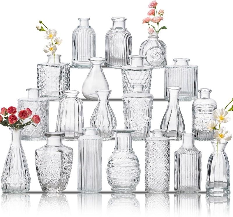 Photo 1 of Glass Vase Set of 20, Small Flower Vases, Glass Vases for Centerpieces, Vintage Home Table Decorations Bud Vases (20 Pcs, Clear)