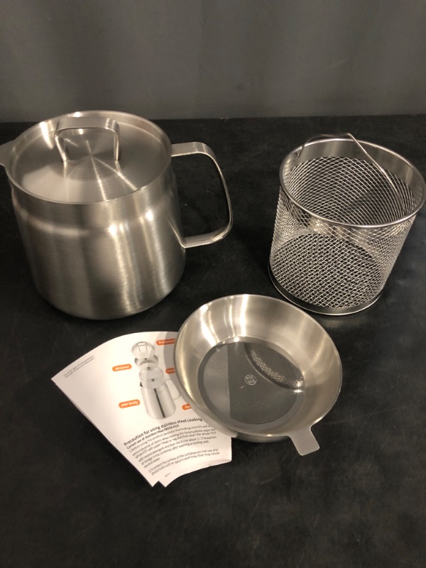 Photo 1 of 50oz 304 Stainless Steel Oil Filter Pot, Large Capacity Versatile Oil Filter Vessel, Multi-Function Frying Net Tank Bacon Grease Saver with Fine Mesh Strainer for Storing Frying Cooking Grease