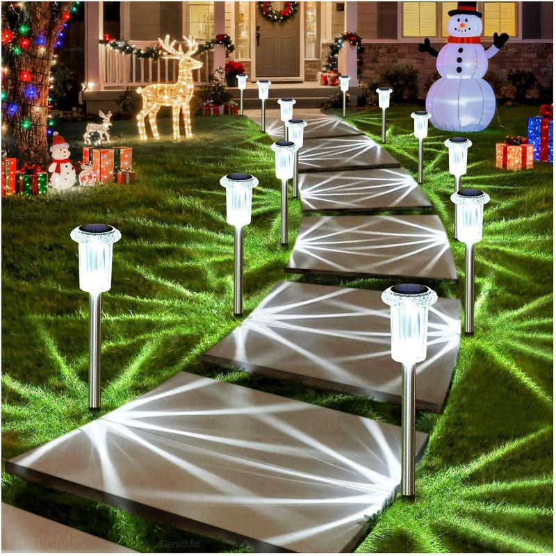 Photo 1 of DenicMic Solar Lights Outdoor 10 Pack Waterproof 6000K Cold White LED Stainless Steel Stake for Pathway Yard Garden Driveway Solar Powered Outside Christmas Decor