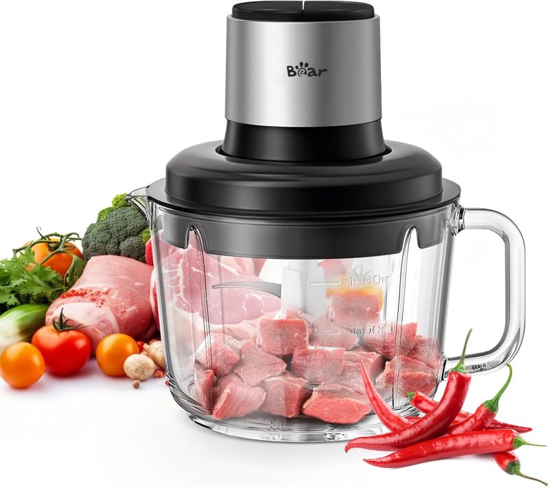 Photo 1 of Bear Food Processor, Electric Food Chopper with 8 Cup/2L Handheld Glass Bowls, No-Hole 4 Bi-level Stainless Steel Blades for Easy Cleaning, 2 speed 400W Power Motor Grinder for Meat, and Baby Food