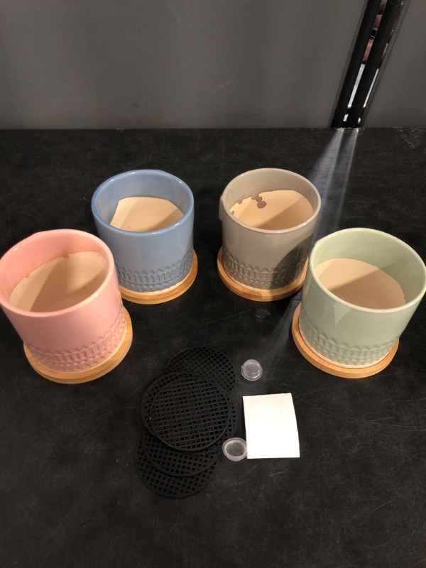 Photo 1 of 4 Inch Ceramic Planters with Drainage Hole and Bamboo Tray, Face Pattern Succulents Pots for Indoor Outdoor Plants, Cactus, Herbs, Multicolor, Set of 4