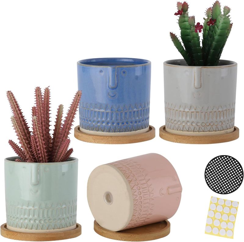 Photo 1 of 4 Inch Ceramic Planters with Drainage Hole and Bamboo Tray, Face Pattern Succulents Pots for Indoor Outdoor Plants, Cactus, Herbs, Multicolor, Set of 4