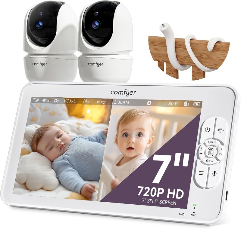 Photo 1 of 7" Split-Screen Baby Monitor with 2 1080P Cameras, 720P HD No WiFi Monitor with a Flexible Bracket, 6000mAh Battery, VOX Mode, 2 Way Audio, Remote PTZ, Auto Night Vision
