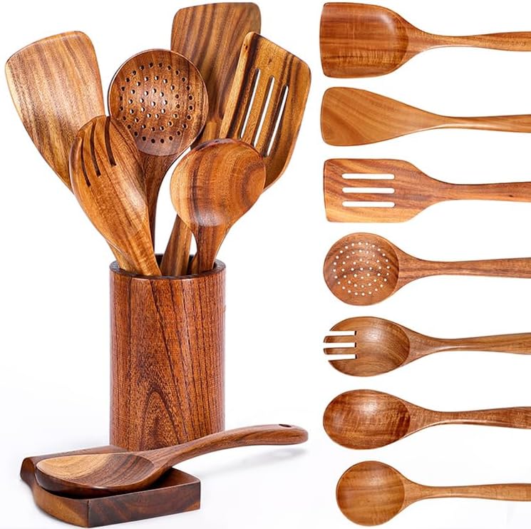 Photo 1 of 9 Piece Natural Teak Wooden Kitchen Utensil Set with Spoon Rest - Comfort Grip Cooking Spoons and Utensils Holder
