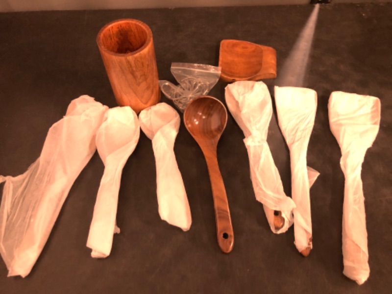 Photo 1 of 9 Piece Natural Teak Wooden Kitchen Utensil Set with Spoon Rest - Comfort Grip Cooking Spoons and Utensils Holder