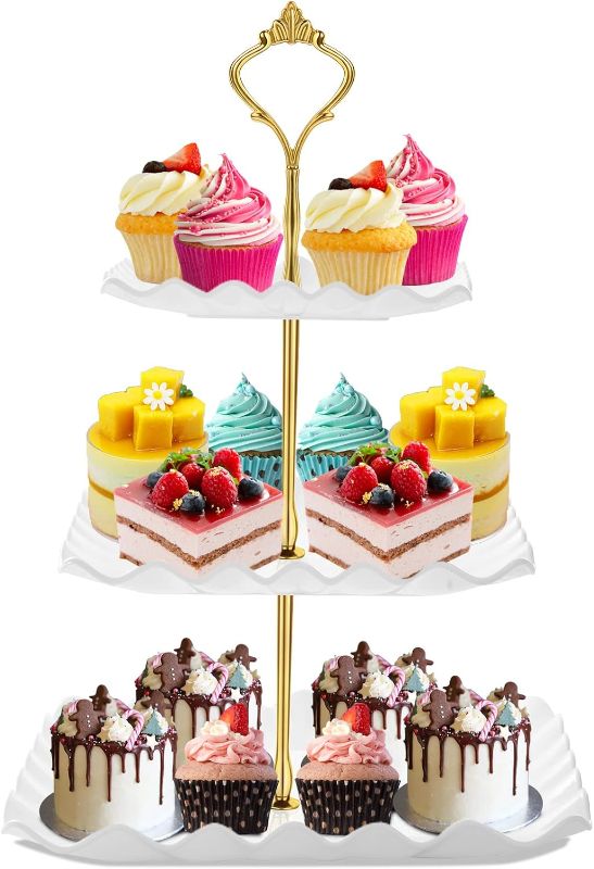 Photo 1 of Dessert Cupcake Stand, 3 Tier Cup Cake Holder Tower for Tea Party/Birthday/Wedding, Plastic Tiered Serving Tray with Metal Rod, White