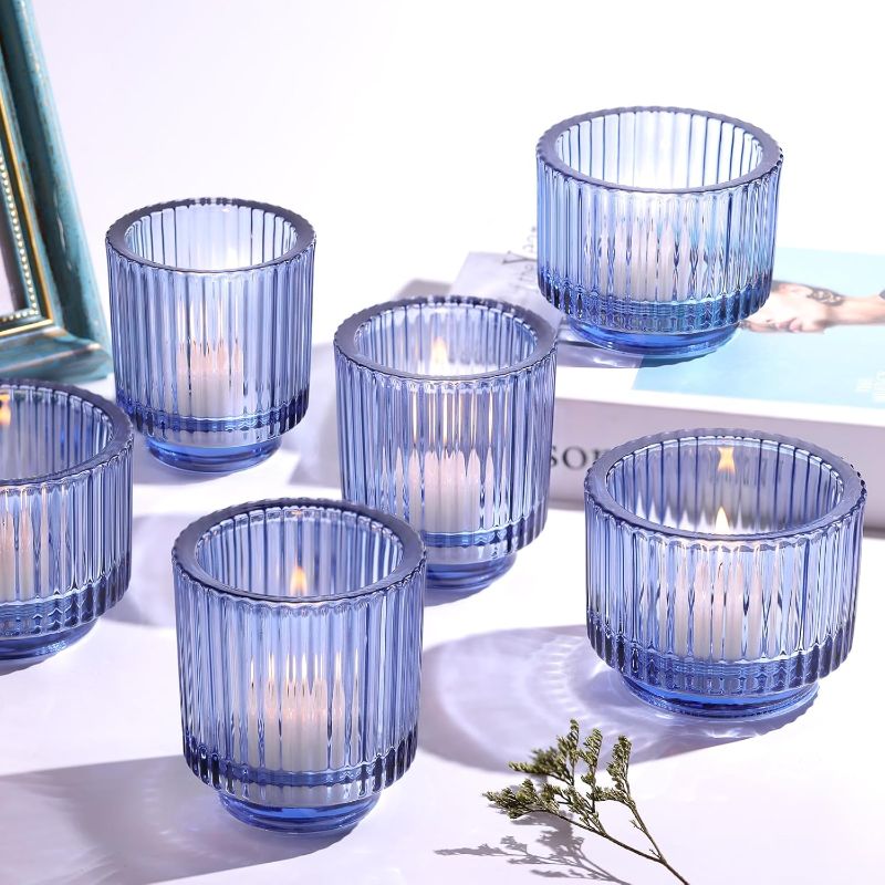 Photo 1 of 6pcs Assorted Blue Votive Candle Holder for Wedding Centerpieces, Vintage Ribbed Tealight Candle Holder for Room Decor, Large Glass Candle Holder for Christmas Decor Party Table Centerpiece

