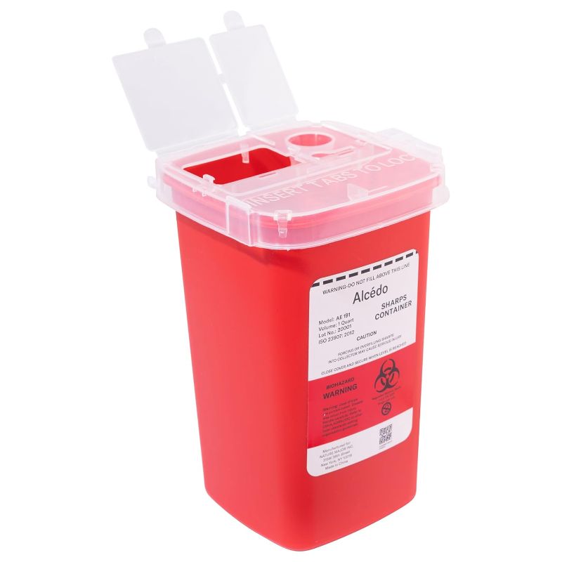 Photo 1 of Alcedo Sharps Container for Home Use 1 Quart (1-Pack) | Biohazard Needle and Syringe Disposal | Small Portable Container for Travel and Professional Use