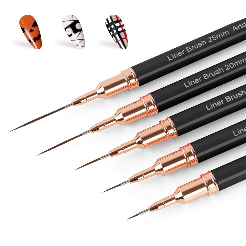 Photo 1 of Artdone Metallic Nail Art Pens, Liner Brushes Set, 5PCS Black Color Nail Tools For Long Lines, Thin Details, Fine Drawing, Liner Brush UV Gel Polish Painting Nail Design Sizes 5/8/12/20/25mm