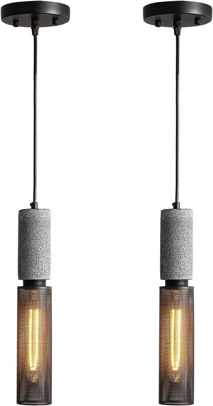 Photo 1 of Concrete Linear Pendant Light with a Metal Mesh Shade,Modern Industrial Hanging Cement Pendant Lighting Fixture for Kitchen Island Dinning Room Bedroom(Black 2-Pack)