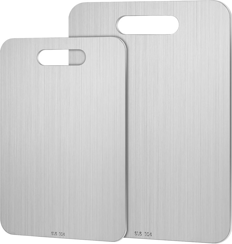 Photo 1 of 2 Pcs Stainless Steel Cutting Board for Kitchen 304 Steel Chopping Dishwasher Safe Metal Cutting Board Set for Kitchen Meat Fruit Vegetable (13.4"x9",11.8"x7.9")