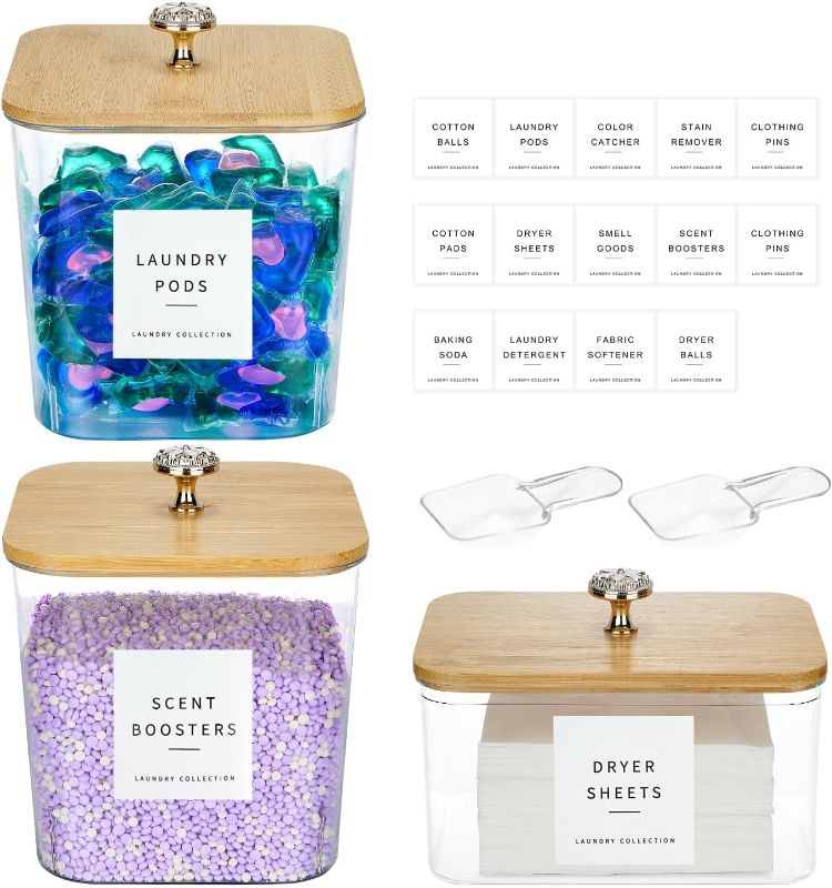 Photo 1 of 3 Pack Laundry Room Organization Storage Containers Acrylic Laundry Pod Containers and Dryer Sheet Holder with Lids and Labels for Laundry Detergent Laundry Pods Dry Sheet Organizing