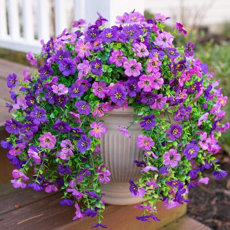 Photo 1 of HyeFlora Artificial Flowers for Outdoors Decoration, 2Pcs Dark Purple and Purple Fake Hanging Flowers, UV & Fading Resistant, Faux Decor for Porch Patio Balcony Planter