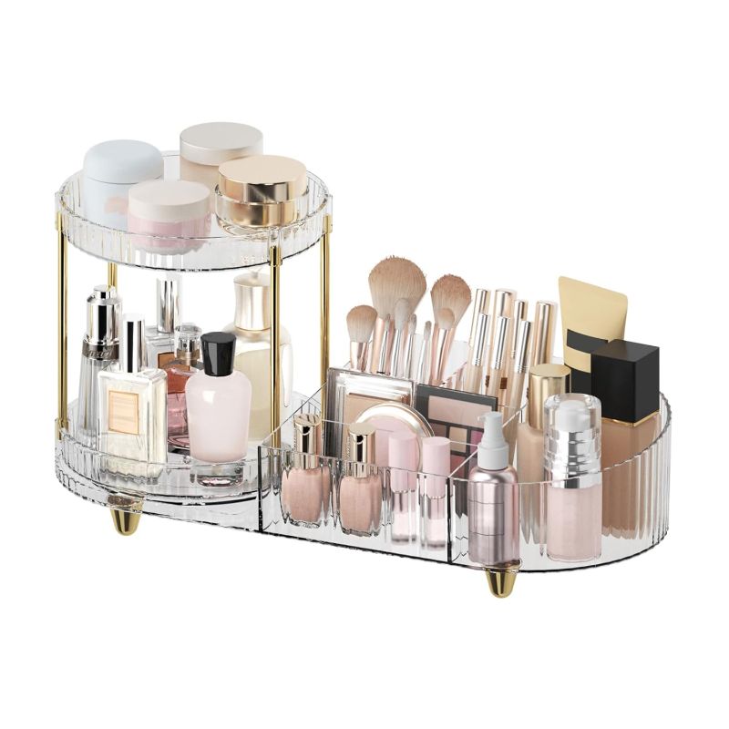 Photo 1 of Makeup Organizer Countertop for Vanity, Rotating Perfume Tray with 5-compartment Cosmetic and Skincare Organizers, Multi-Purpose Desk Storage Makeup Brush Holder for Bathroom Bedroom Counter
