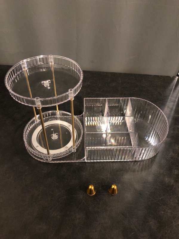 Photo 1 of Makeup Organizer Countertop for Vanity, Rotating Perfume Tray with 5-compartment Cosmetic and Skincare Organizers, Multi-Purpose Desk Storage Makeup Brush Holder for Bathroom Bedroom Counter
