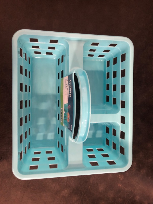 Photo 1 of Divided Storage Caddy with Handle, Turquoise, 2-Compartment Plastic Organizer Basket