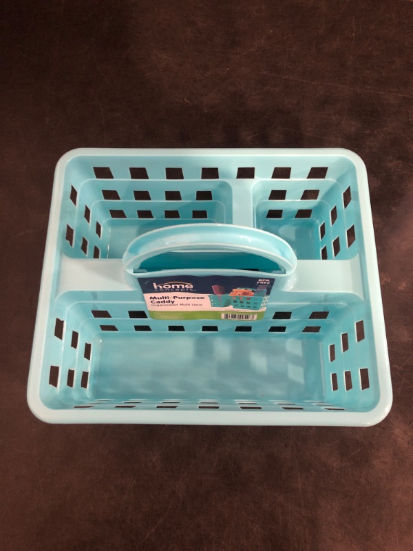 Photo 1 of Divided Storage Caddy with Handle, Turquoise, 2-Compartment Plastic Organizer Basket