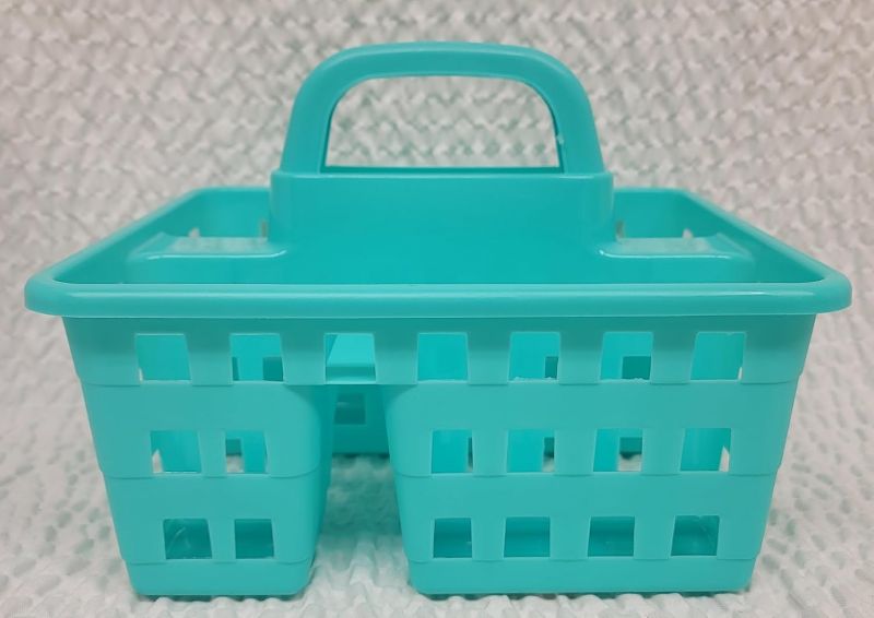 Photo 1 of Divided Storage Caddy with Handle, Turquoise, 2-Compartment Plastic Organizer Basket