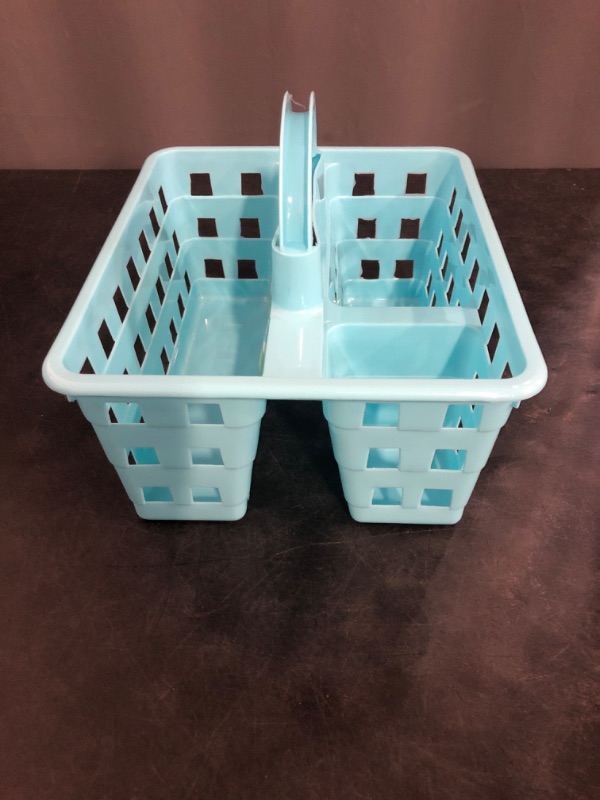 Photo 1 of Divided Storage Caddy with Handle, Turquoise, 2-Compartment Plastic Organizer Basket