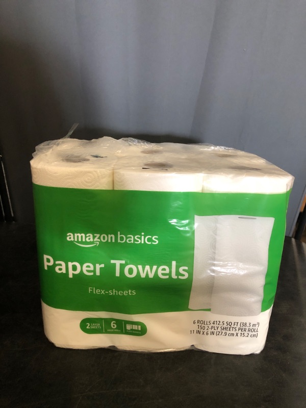 Photo 1 of Amazon Basics 2-Ply Flex-Sheets Paper Towels, 12 Basics Rolls = 32 Regular Rolls, Everyday Value with 150 Sheets per Roll
