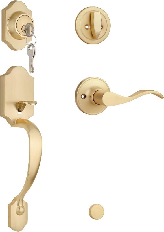 Photo 1 of EHOMEWARE Gold Front Door Handle and Deadbolt Set, 1 Pack Exterior Door Lock Set, Keyed Different Entry Door Handle, Satin Brass Finish, Wave Door Lever for Left/Right Handed Doors