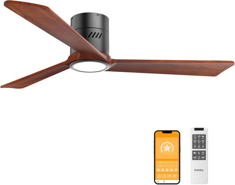 Photo 1 of DAMINY Natural Solid Wood 52 inch Ceiling Fan with Light,3 Blades,6CCT,Black Low Profile Ceiling Fan with Light and Remote Control, APP Control, Flush Mount
