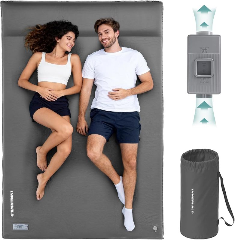 Photo 1 of Double Camping Sleeping Pad with Electric Pump, 3.15" Thick 2 Person Self Inflating Memory Foam Mattress Pad with Pillow, Portable Sleeping Mat for Travel, Car, Tent, Home - Grey, Full Size