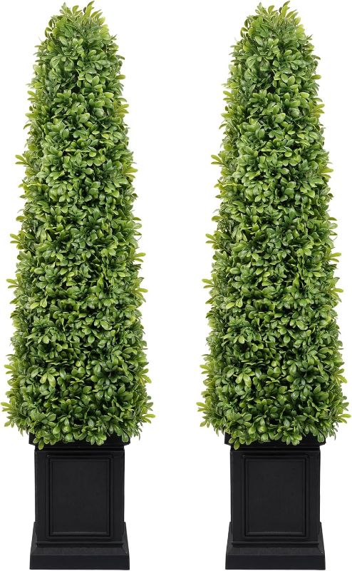 Photo 1 of 3.5ft Topiary Trees Artificial Outdoor Set of 2, Artificial Boxwood Plants Outdoor Porch Trees, All-Year Green Fake Plant with Sturdy Pot for Front Porch