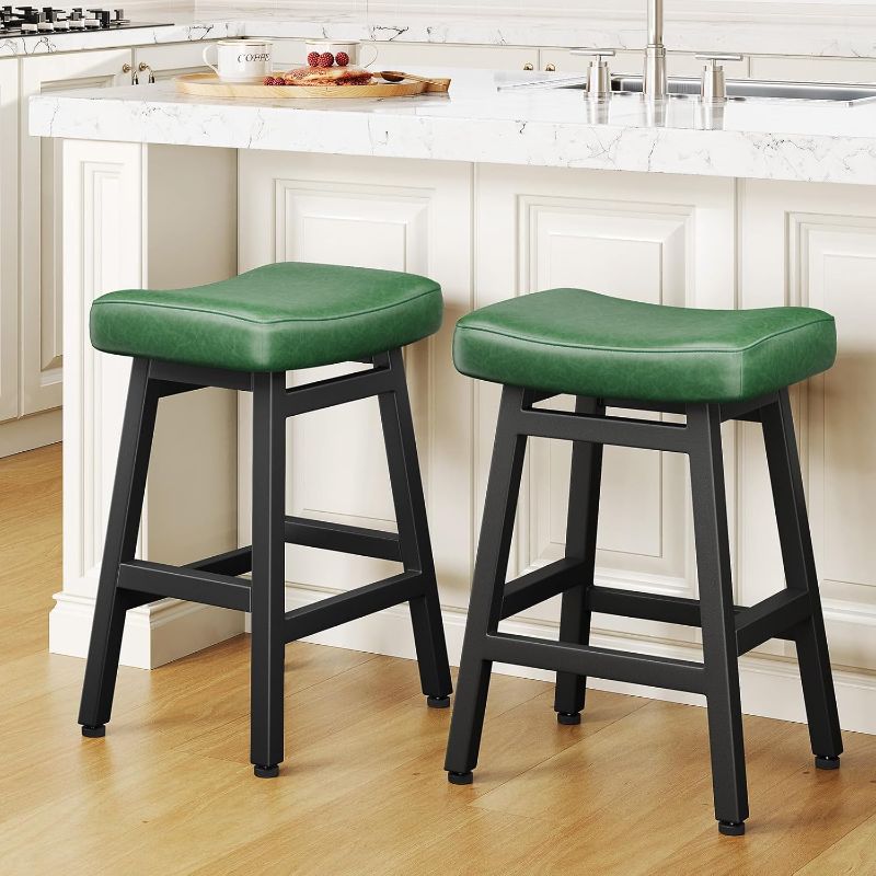 Photo 1 of Counter Height Bar Stools Set of 2, 24 Inch Barstools for Kitchen Counter, Kitchen Stools with Faux Leather Saddle Seats & Heavy Duty Metal Legs, Easy Assembly, Forest Green
