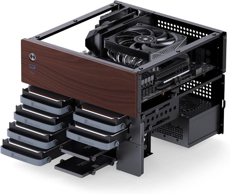 Photo 1 of JONSBO N4 Black NAS Pc Case, Walnut Wood, 8-Drive Bay/6 * 3.5 "HDD (4 hot-swap,2 Non hot-swap),2 * 2.5SSD,Micro ATX Chassis, USB3.2Gen2Type-C, 1x120mm Fan Built-in, Black
