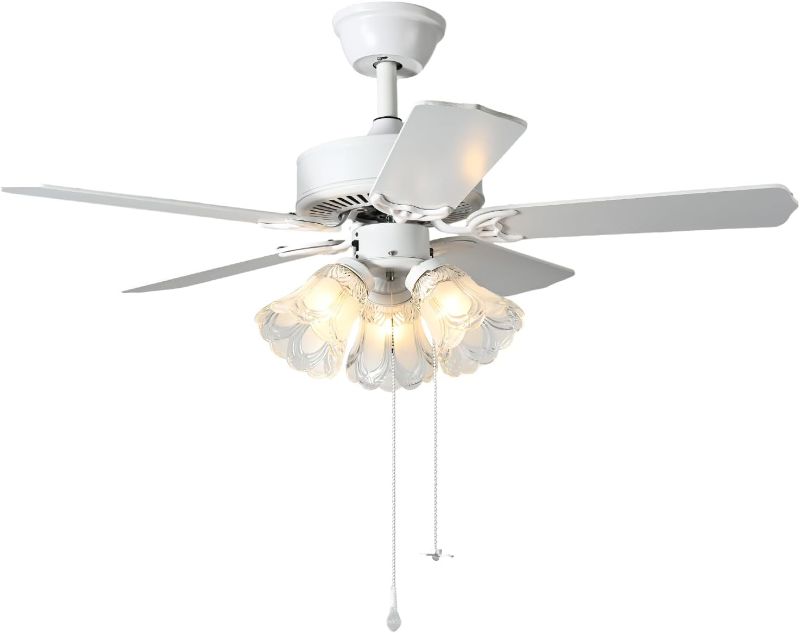 Photo 1 of 42 Inch Indoor Ceiling Fan with Pull-Chain and Three LED Light Bulbs Base, Traditional 3-Speeds Reversible Blades Ceiling Fan (White)
