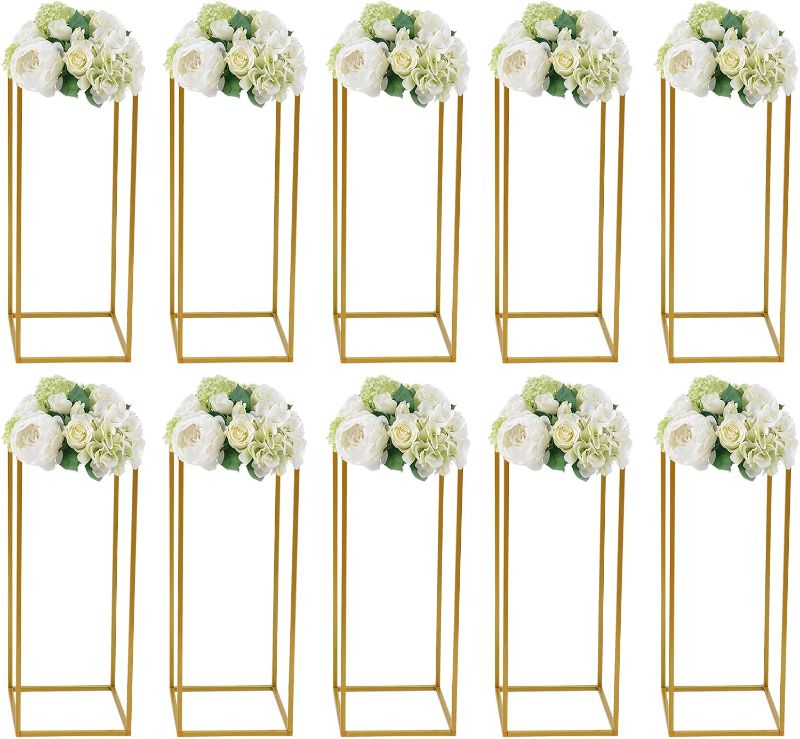 Photo 1 of Gold Flower Stand for Wedding 10 Pcs, Gold Vase Metal Column Stand, Floor Vase Table Centerpieces for Reception, 23.6inch Wedding Flower Stand, Flower Column Stand for Wedding Home Party Decorations