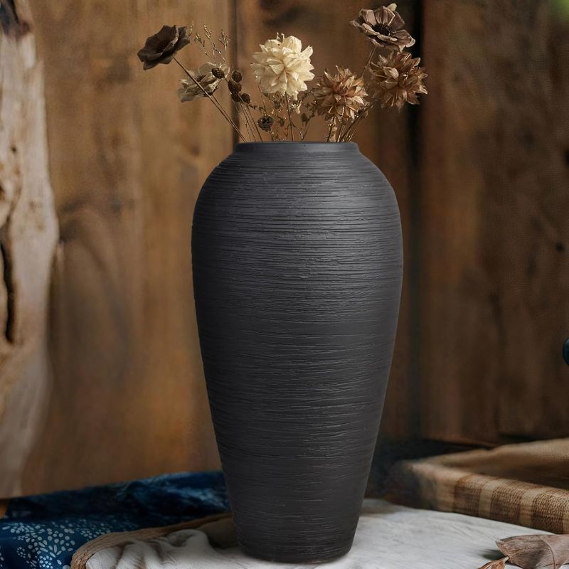 Photo 1 of Black Rustic Ceramic Vase Vintage Large Vases, 13.4 Inch Farmhouse Floor Tall Vase Pottery Clay Terracotta Rustic Vases for Home Decor Living Room Entryway Table Centerpieces,Housewarming Gifts