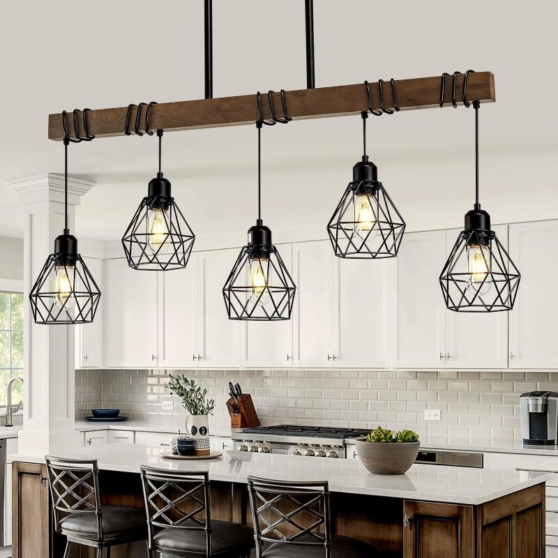 Photo 1 of 5-Light Kitchen Chandeliers Over Table, Farmhouse Black Dining Room Light Fixture, Linear Rustic Wood Ceiling Pendant Island Light Fixtures with Metal Lampshade, Height Adjustable
