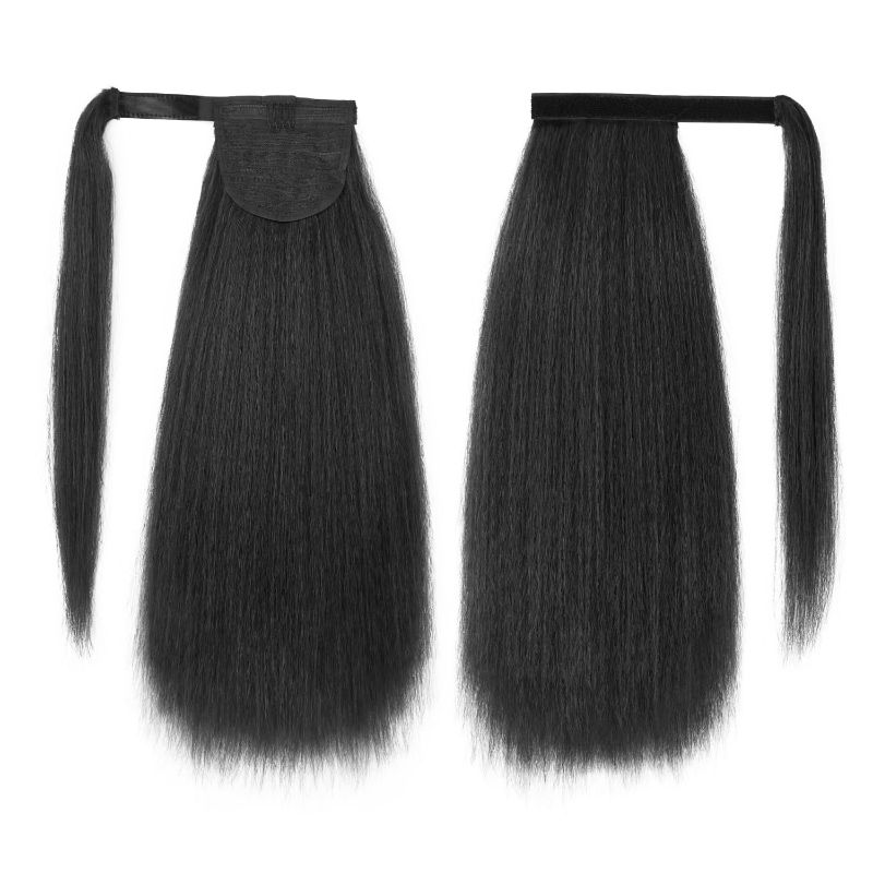 Photo 1 of Long Yaki Straight Ponytail Extension for Black Women 20 Inch Natural Black Wrap Around Magic Paste Synthetic Clip in Ponytail Thick Kinky Straight Hair Pony Tail for Daily Use (1B)
