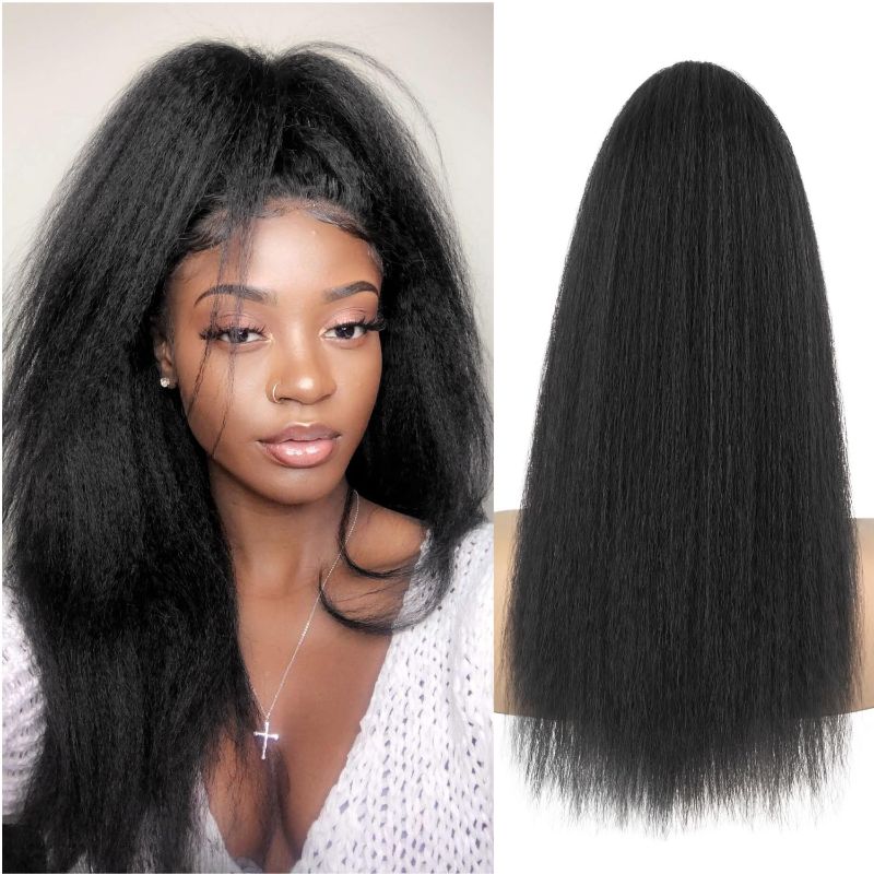 Photo 1 of Long Yaki Straight Ponytail Extension for Black Women 20 Inch Natural Black Wrap Around Magic Paste Synthetic Clip in Ponytail Thick Kinky Straight Hair Pony Tail for Daily Use (1B)
