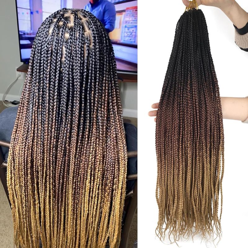 Photo 1 of Box Braid Crochet Hair 1B/30/27 Ombre Blonde Crochet Braids 110 Strands Knotless Crochet Box Braids Pre-looped Crochet Hair for Black Women Chicmoi (T1B/30/27, 24 inch box braids 5 packs)
