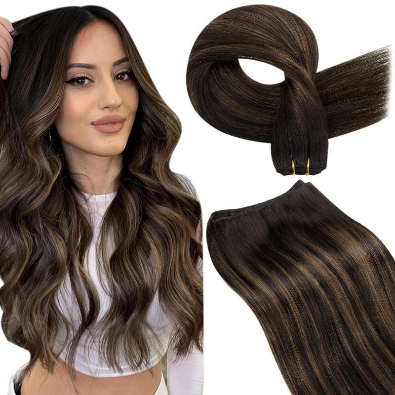 Photo 1 of LaaVoo Weft Hair 7 Extensions Human Hair Straight Hair Weft Extensions Dark Brown Ombre Light Brown Balayage Sew in Hair Extensions Real Human Hair Seamless 18 Inch 100g
