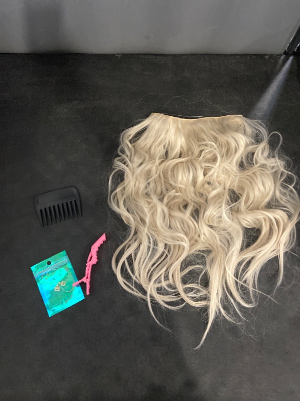 Photo 1 of KooKaStyle Invisible Wire Hair Extensions with Transparent Wire Adjustable Size 4 Secure Clips Long Wavy Secret Hairpiece 20 Inch Platinum Blonde for Women
