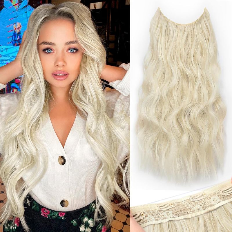 Photo 1 of KooKaStyle Invisible Wire Hair Extensions with Transparent Wire Adjustable Size 4 Secure Clips Long Wavy Secret Hairpiece 20 Inch Platinum Blonde for Women
