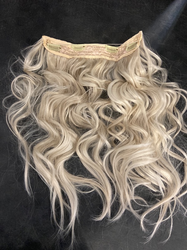 Photo 1 of KooKaStyle Invisible Wire Hair Extensions with Transparent Wire Adjustable Size 4 Secure Clips Long Wavy Secret Hairpiece 20 Inch Platinum Blonde for Women
