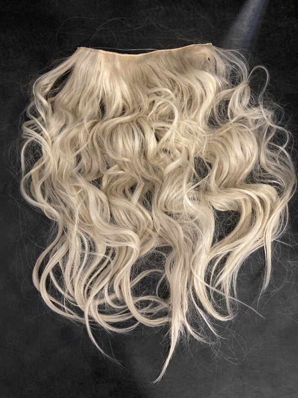 Photo 1 of KooKaStyle Invisible Wire Hair Extensions with Transparent Wire Adjustable Size 4 Secure Clips Long Wavy Secret Hairpiece 20 Inch Platinum Blonde for Women
