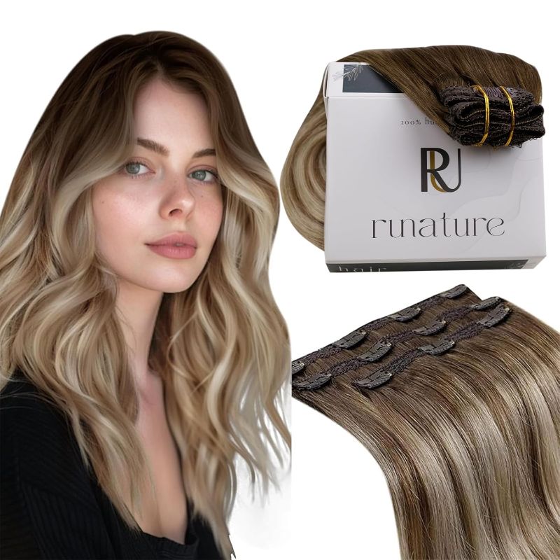 Photo 1 of RUNATURE Clip in Hair Extensions Human Hair Balayage Clip in Human Hair Extensions for Women Soft Remy Natural Hair Straight 10 Inch 50g 3pcs #3/8/22 Walnut Brown to Blonde Balayage
