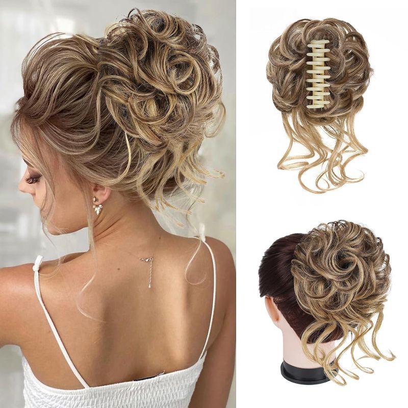 Photo 1 of Large Messy Bun Hair Pieces for Women Wavy Curly Fake Hair Bun Extensions Ponytail Hairpieces for Updo Natural Synthetic Claw Clip Bun Hair Accessories Light Brown mix Blonde
