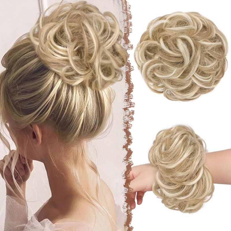 Photo 1 of FESHFEN Messy Bun Hair Pieces - Large Wavy Curly Elastic Hair Bun Scrunchies Ponytail Extensions Synthetic Chignon Hairpieces for Women, Dirty Blonde 1.94oz