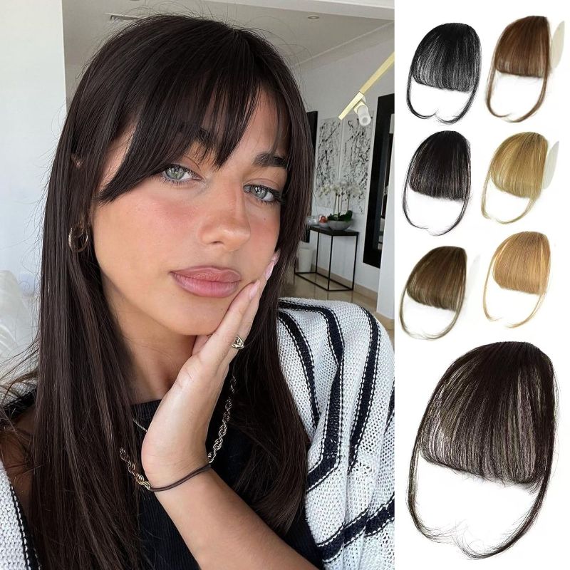 Photo 1 of NAYOO Bangs Hair Clip- Dark Brown Fake Bangs 100% Real Human Hair Extensions Wispy Bangs for Women Fringe with Temples Hairpieces Curved Bangs for Daily Wear?Dark Brown Wispy Bangs?