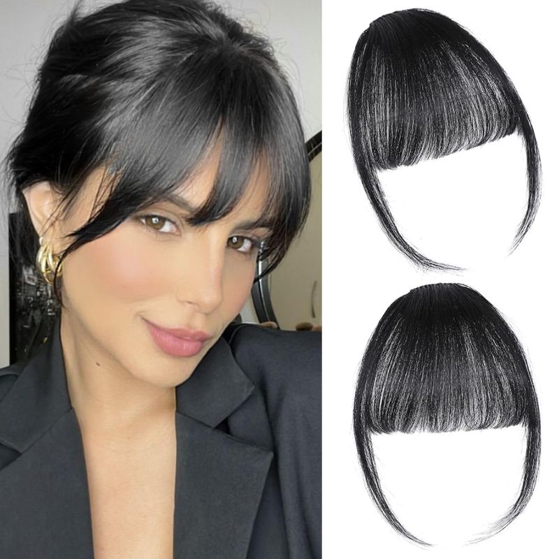 Photo 1 of Clip in Bangs 100% Real Human Hair Extensions Wispy Natural Black Fake Bangs Hair Clip on bangs for women Fringe with Temples Hairpieces Faux Bangs for Daily Wear
